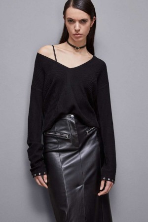 Patrizia Pepe Essential Wool Ribbed Sweater Zwart | 1854QMCZJ