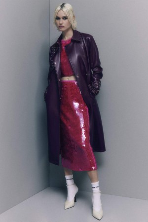 Patrizia Pepe Long Faux Leather Trench Coat With Zipper Paars | 0132MYGFV